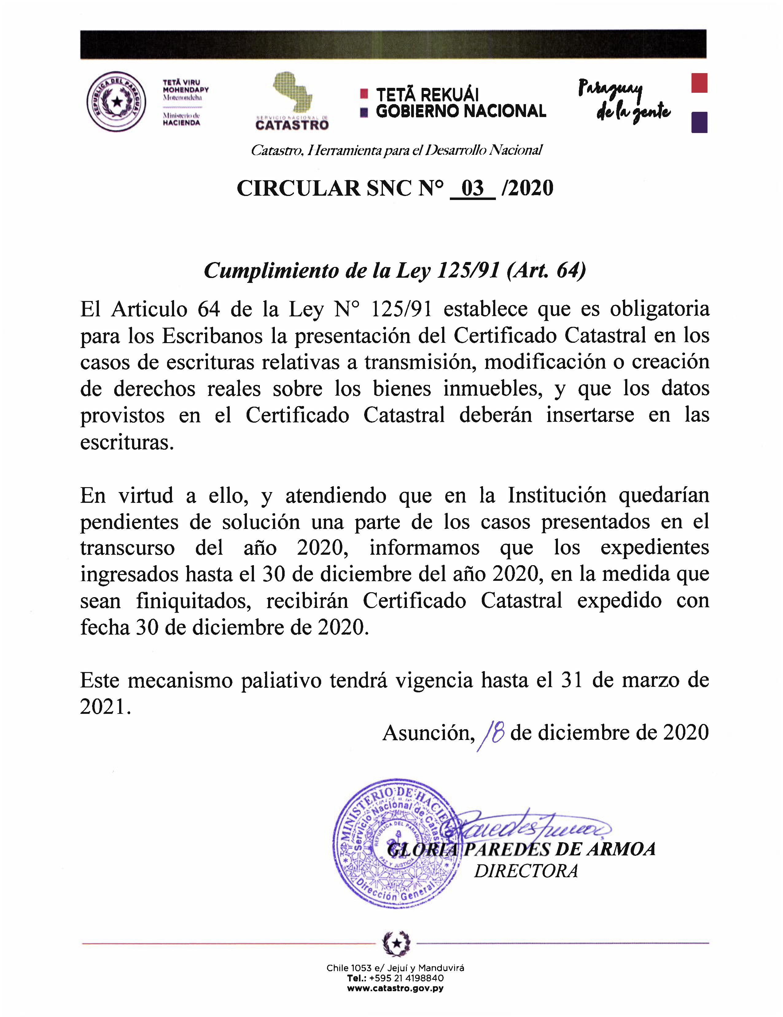 CIRCULAR SNC N° 03/2020